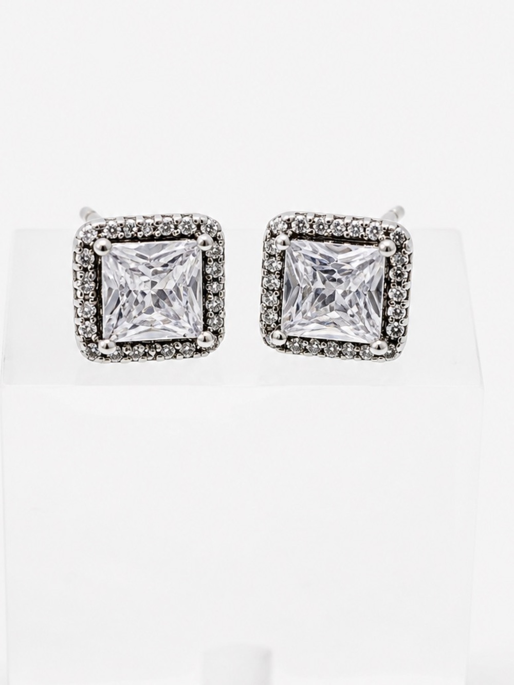 Pandora S925 ALE Square Sparkle Halo Stud Earrings Sterling Silver CZ
